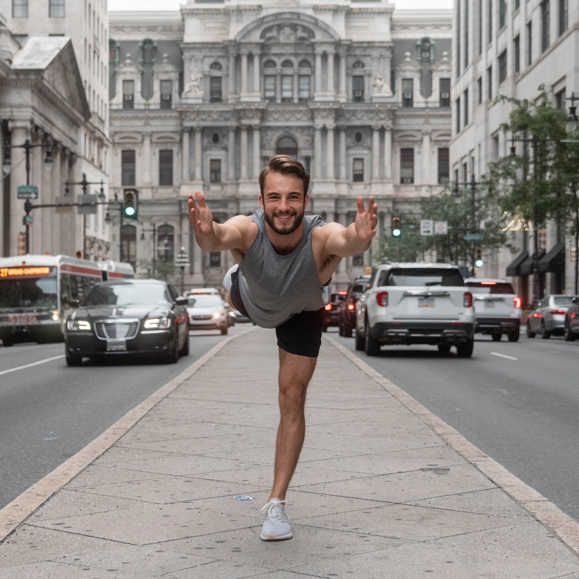 Rob in Warrior III pose